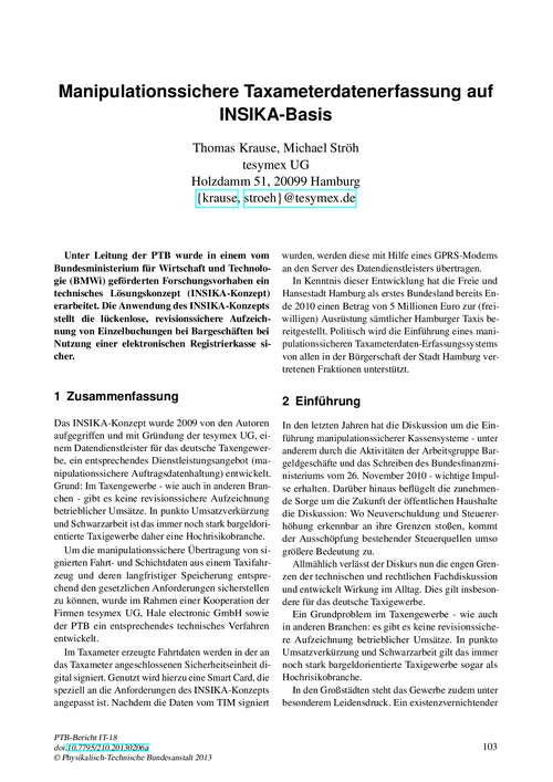 Manipulationssichere Taxameterdatenerfassung auf INSIKA-Basis