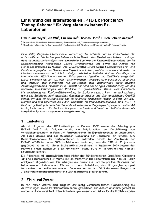 Einführung des internationalen "PTB Ex Proficiency Testing Scheme" für Vergleiche zwischen Ex-Laboratorien