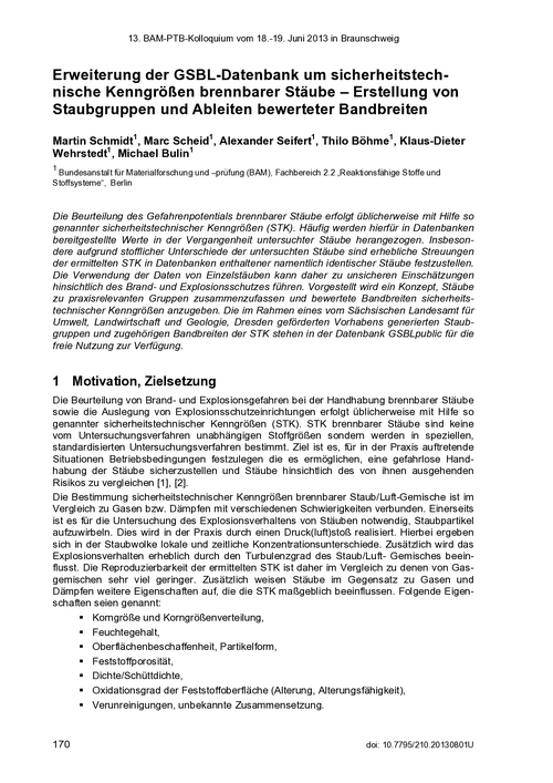 Erweiterung der GSBL-Datenbank um sicherheitstechnische Kenngrößen brennbarer Stäube – Erstellung von Staubgruppen und Ableiten bewerteter Bandbreiten