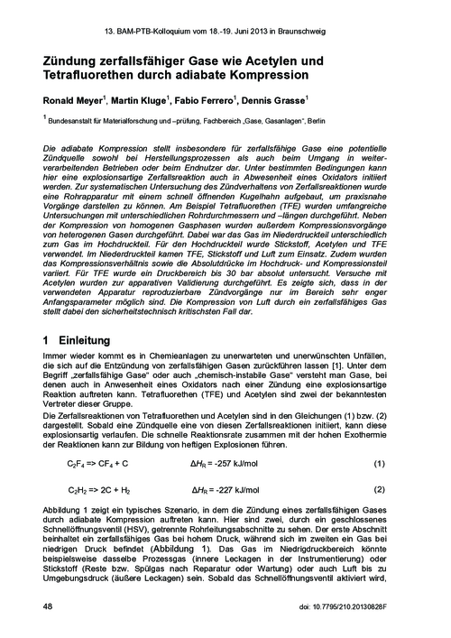 Zündung zerfallsfähiger Gase wie Acetylen und Tetrafluorethen durch adiabate Kompression
