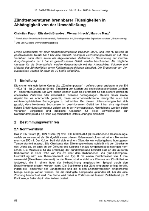 Zündtemperaturen brennbarer Flüssigkeiten in Abhängigkeit von der Umschließung