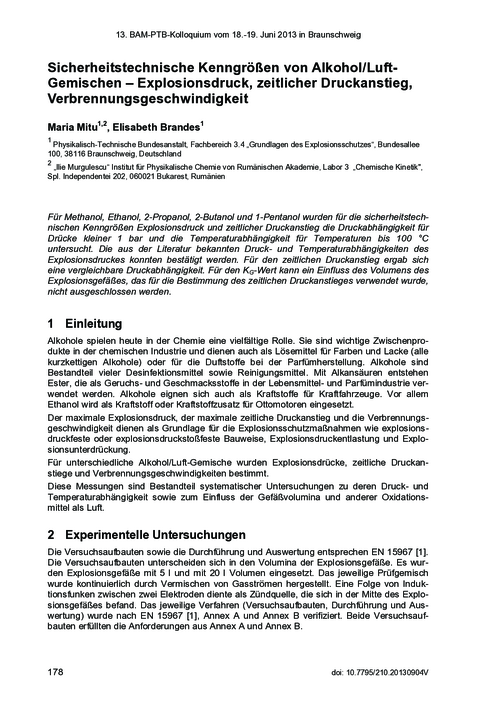 Sicherheitstechnische Kenngrößen von Alkohol/Luft-Gemischen - Explosionsdruck, zeitlicher Druckanstieg, Verbrennungsgeschwindigkeit