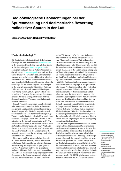 Radioökologische Beobachtungen bei der Spurenmessung und dosimetrische Bewertung radioaktiver Spuren in der Luft
