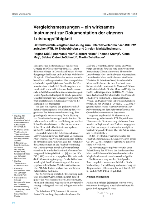 Vergleichsmessungen – ein wirksames Instrument zur Dokumentation der eigenen Leistungsfähigkeit, Getreidefeuchte-Vergleichsmessung zum Referenzverfahren nach ISO 712 zwischen PTB, 10 Eichbehörden und 2 freien Marktteilnehmern