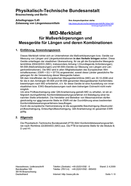 MID-Merkblatt für Maßverkörperungen und Messgeräte für Längen und deren Kombinationen. Stand: 2.4.2009