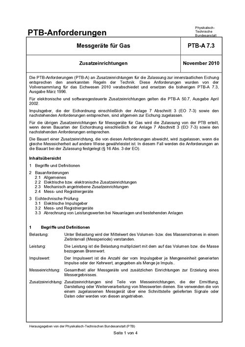 PTB-Anforderungen PTB-A 7.3 „Messgeräte für Gas. Zusatzeinrichtungen. Ausgabe November 2010