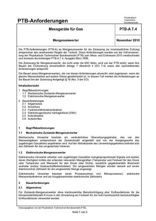 PTB-Anforderungen PTB-A 7.4 „Messgeräte für Gas. Mengenumwerter“. Ausgabe November  2010