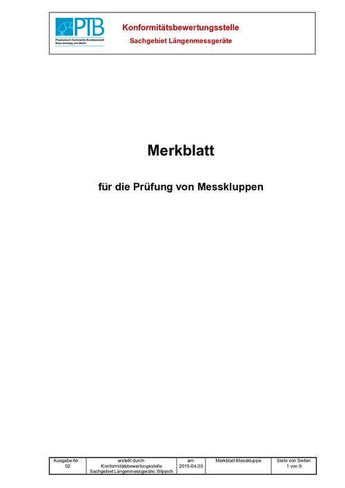 Merkblatt für die Prüfung von Messkluppen. Ausgabe: 02