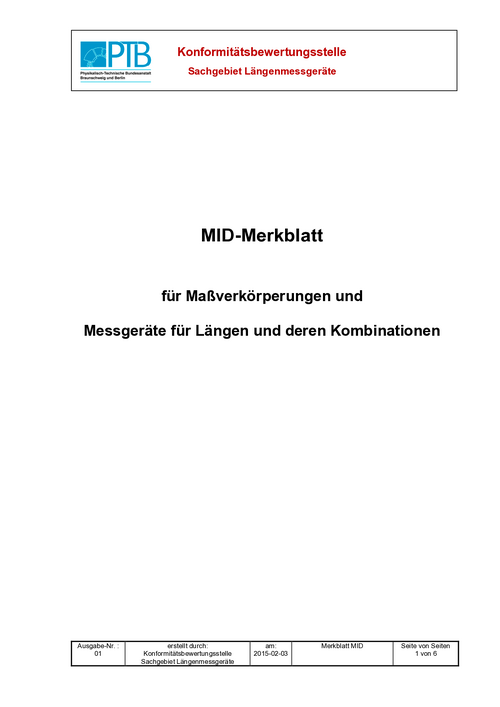 MID-Merkblatt für Maßverkörperungen und Messgeräte für Längen und deren Kombinationen. Ausgabe 01