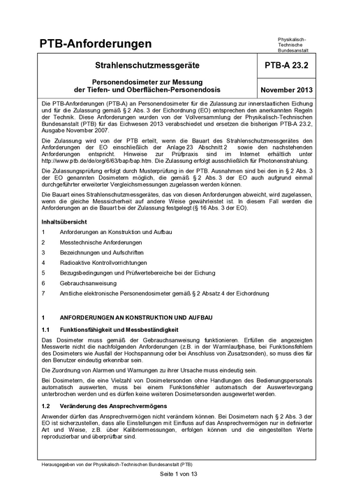 PTB-Anforderungen PTB-A 23.2 "Strahlenschutzmessgeräte; Personendosimeter zur Messung der Tiefen- und Oberflächen-Personendosis". Ausgabe November 2013