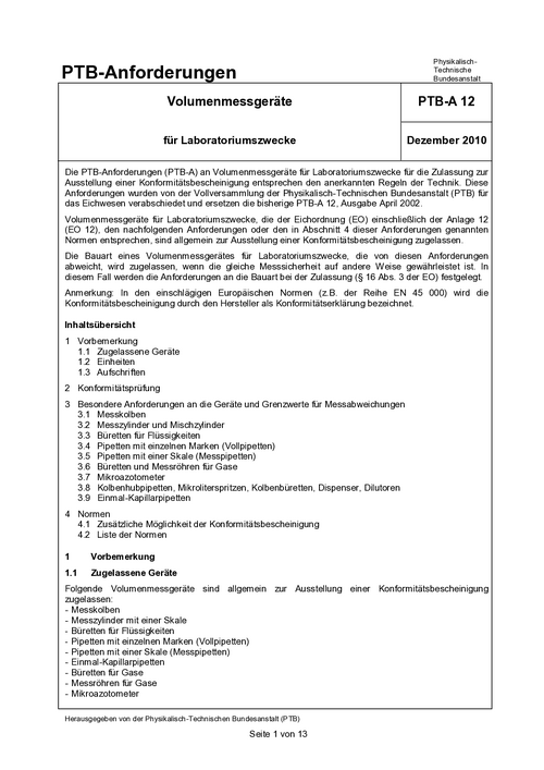 PTB-Anforderungen PTB-A 12 „Volumenmessgeräte für Laboratoriumszwecke“. Ausgabe Dezember 2010