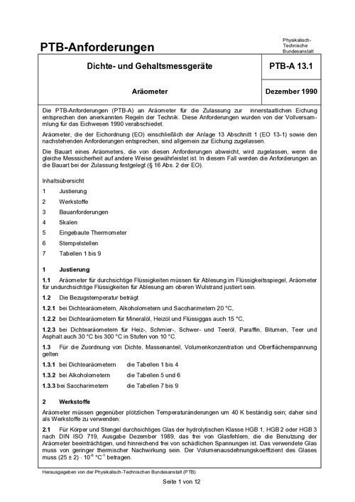 PTB-Anforderungen PTB-A 13.1 „Dichte- und Gehaltsmessgeräte; Aräometer“. Ausgabe Dezember 1990