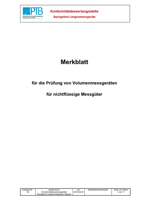 Merkblatt für die Prüfung von Volumenmessgeräten für nichtflüssige Messgüter. Ausgabe 02