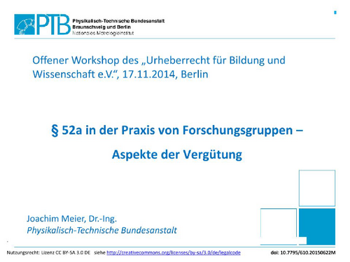 § 52a [UrhG] in der Praxis von Forschungsgruppen, Aspekte der Vergütung