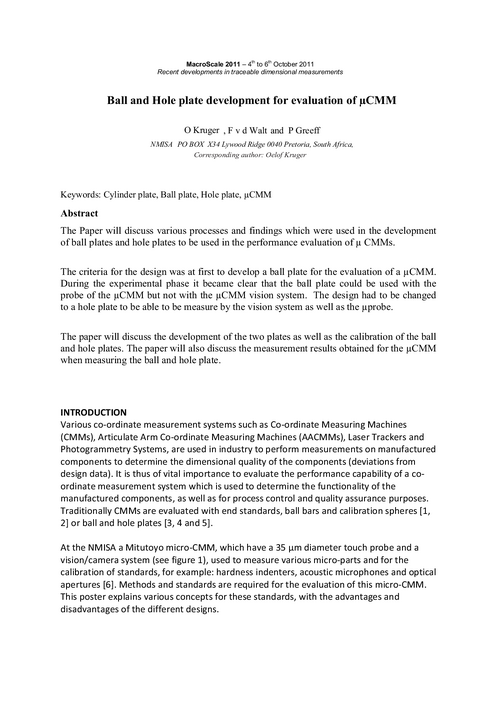 Ball and hole plate development for evaluation of μCMM