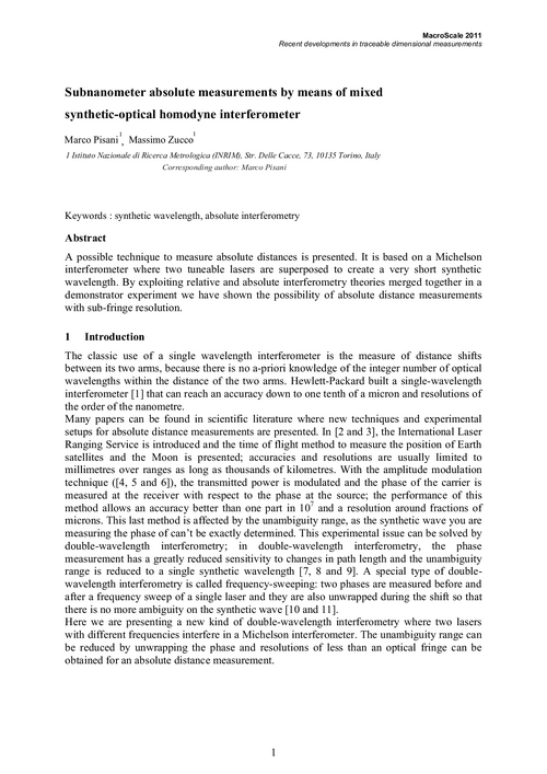 Subnanometer absolute measurements by means of mixed synthetic-optical homodyne interferometer