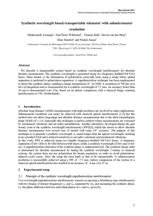Synthetic wavelength based transportable telemeter with submicrometer resolution