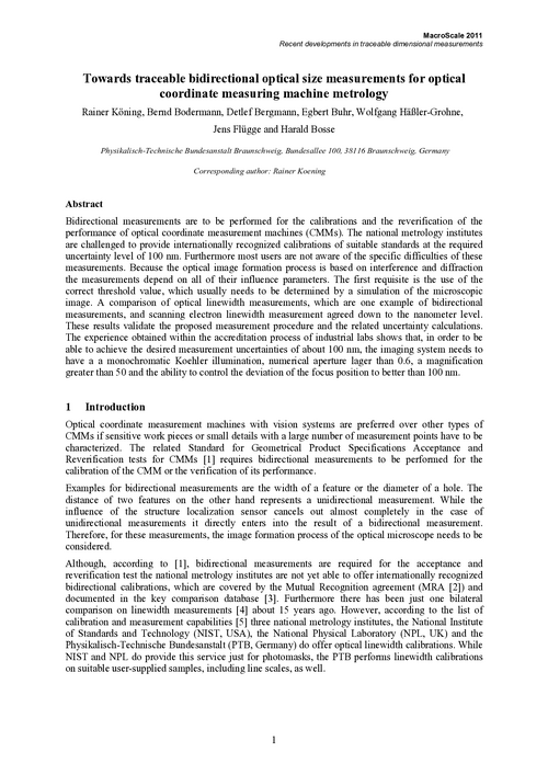 Towards traceable bidirectional optical size measurements for optical coordinate measuring machine metrology