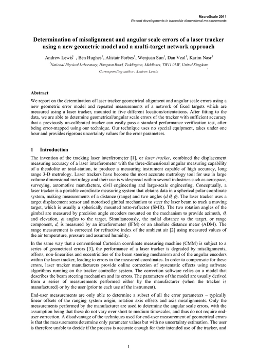 Determination of misalignment and angular scale errors of a laser tracker using a new geometric model and a multi-target network approach