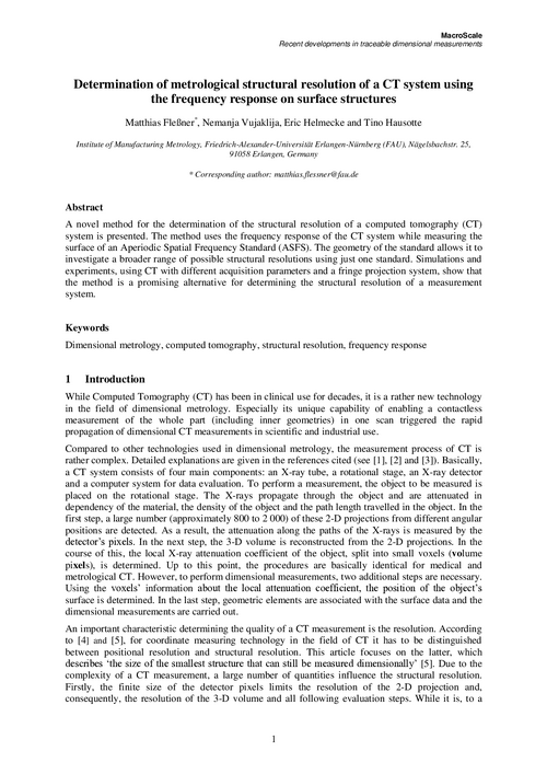 Determination of metrological structural resolution of a CT system using the frequency response on surface structures