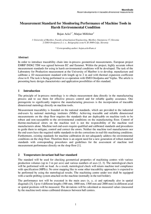 Measurement Standard for Monitoring Performance of Machine Tools in Harsh Environmental Condition