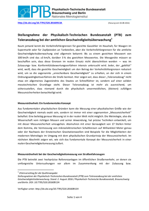 Stellungnahme der Physikalisch-Technischen Bundesanstalt (PTB) zum Toleranzabzug bei der amtlichen Geschwindigkeitsüberwachung
