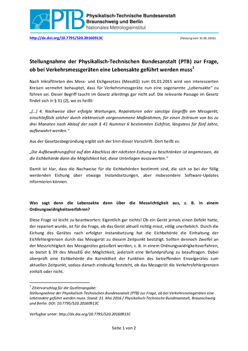 Stellungnahme der Physikalisch-Technischen Bundesanstalt (PTB) zur Frage, ob bei Verkehrsmessgeräten eine Lebensakte geführt werden muss
