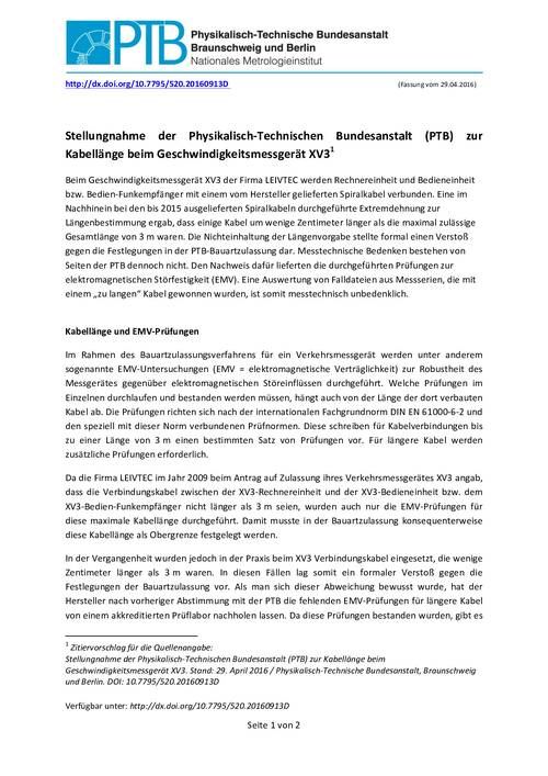 Stellungnahme der Physikalisch-Technischen Bundesanstalt (PTB) zur Kabellänge beim Geschwindigkeitsmessgerät XV3