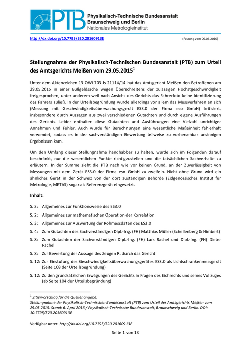 Stellungnahme der Physikalisch-Technischen Bundesanstalt (PTB) zum Urteil des Amtsgerichts Meißen vom 29.05.2015