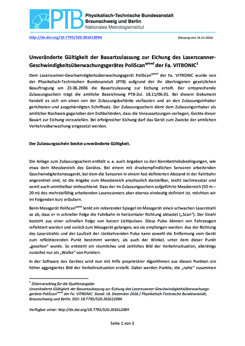 Unveränderte Gültigkeit der Bauartzulassung zur Eichung des Laserscanner-Geschwindigkeitsüberwachungsgerätes PoliScan<sup>speed</sup> der Fa. VITRONIC