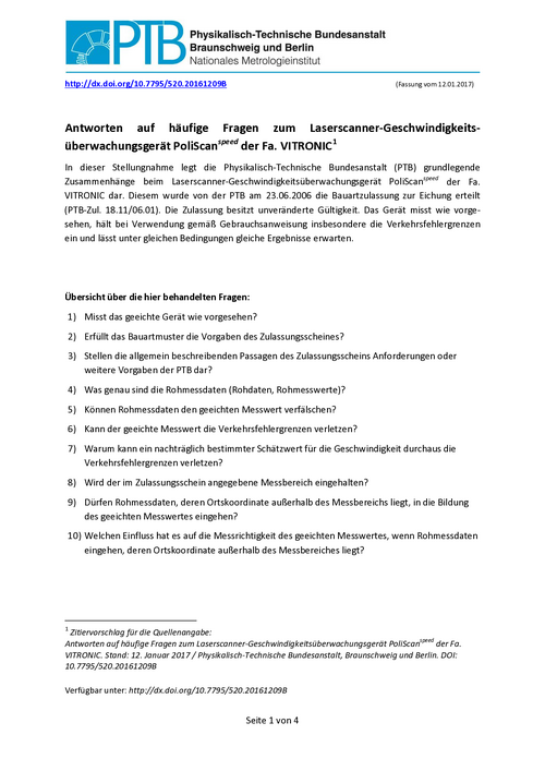 Antworten auf häufige Fragen zum Laserscanner-Geschwindigkeitsüberwachungsgerät PoliScan<sup>speed</sup> der Fa. VITRONIC
