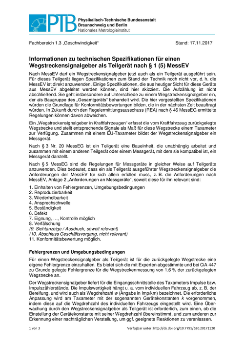 Informationen zu technischen Spezifikationen für einen Wegstreckensignalgeber als Teilgerät nach § 1 (5) MessEV
