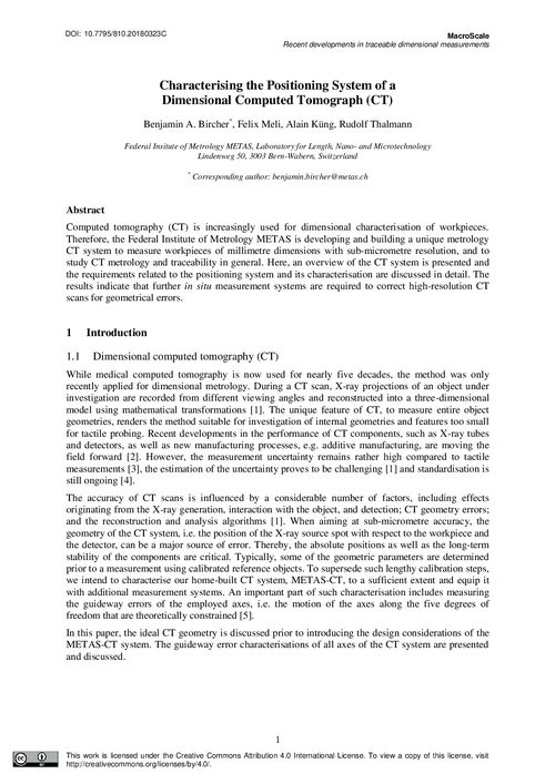 Characterising the Positioning System of a Dimensional Computed Tomograph (CT)