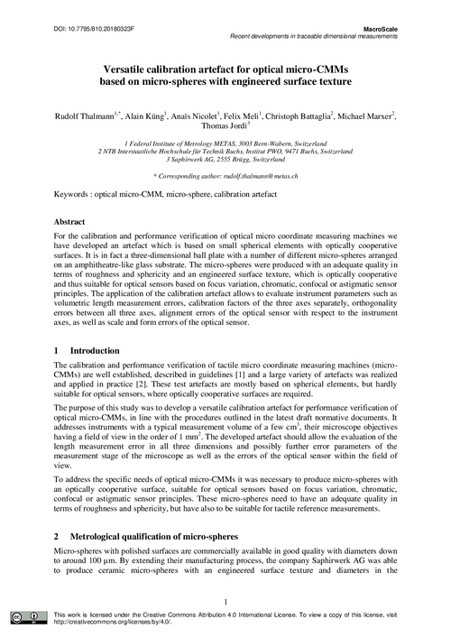 Versatile calibration artefact for optical micro-CMMs based on micro-spheres with engineered surface texture