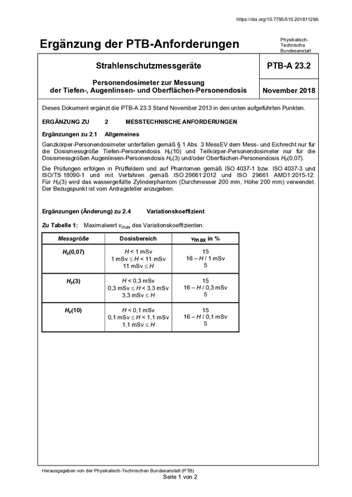 Ergänzung der PTB-Anforderungen PTB-A 23.2 "Strahlenschutzmessgeräte; Personendosimeter zur Messung der Tiefen- und Oberflächen-Personendosis". Ausgabe November 2013