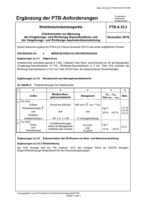 Ergänzung der PTB-Anforderungen PTB-A 23.3 "Strahlenschutzmessgeräte; Ortsdosimeter zur Messung der Umgebungs- und Richtungs-Äquivalentdosis und der Umgebungs- und Richtungs-Äquivalentdosisleistung". Ausgabe November 2013