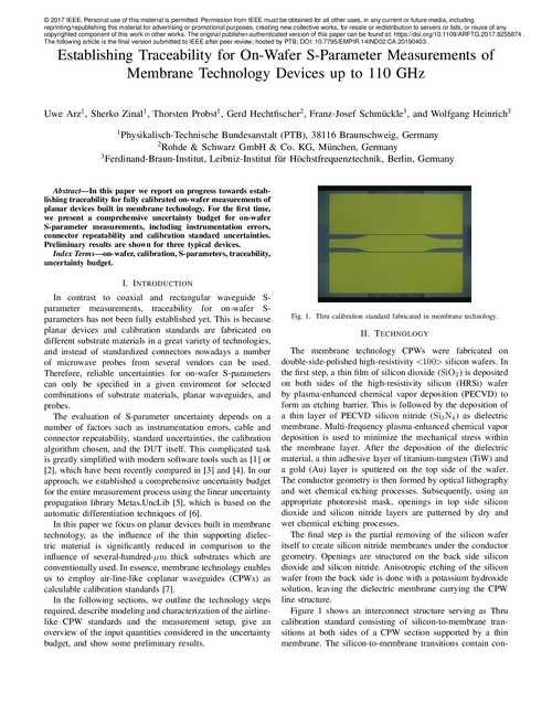 Establishing traceability for on-wafer S-parameter measurements of membrane technology devices up to 110 GHz