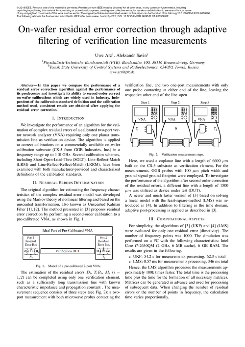 On-wafer residual error correction through adaptive filtering of verification line measurements