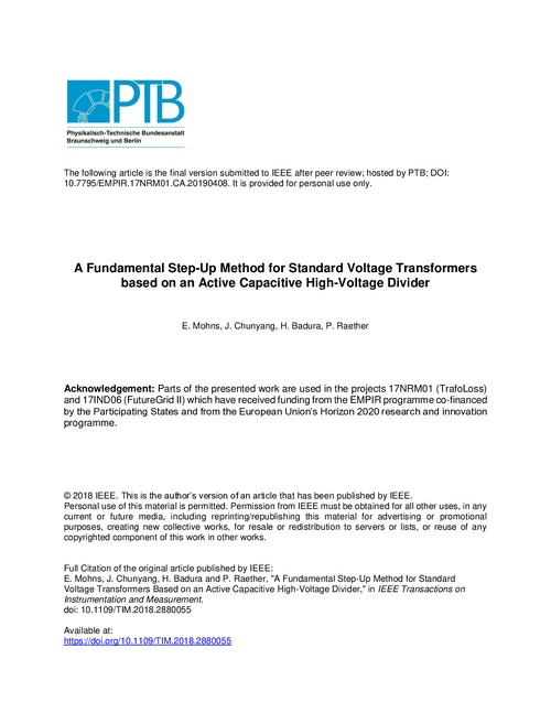 A fundamental step-up method for standard voltage transformers based on an active capacitive high-voltage divider