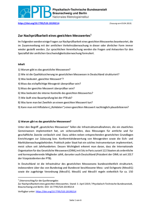 Zur Nachprüfbarkeit eines geeichten Messwertes
