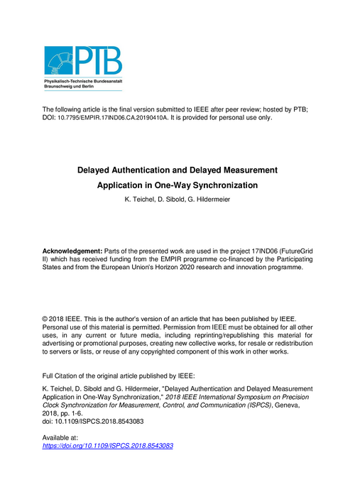 Delayed authentication and delayed measurement application in one-way synchronization