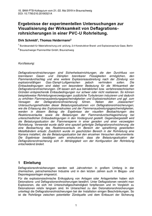 Ergebnisse der experimentellen Untersuchungen zur Visualisierung der Wirksamkeit von Deflagrationsrohrsicherungen in einer PVC-U Rohrleitung