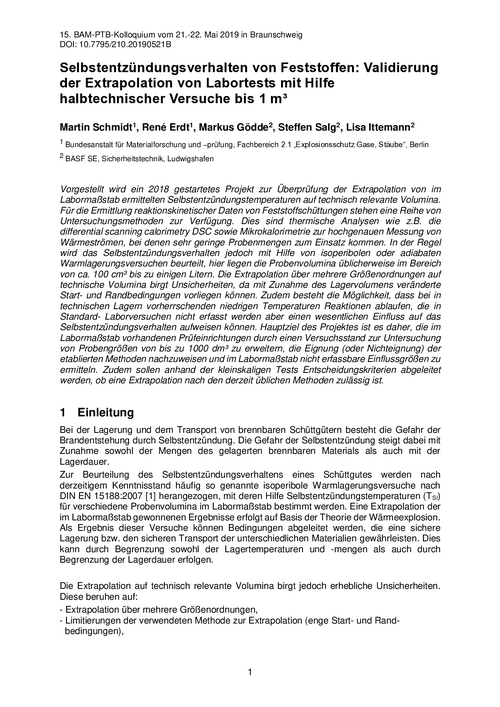 Selbstentzündungsverhalten von Feststoffen: Validierung der Extrapolation von Labortests mit Hilfe halbtechnischer Versuche bis 1 m³