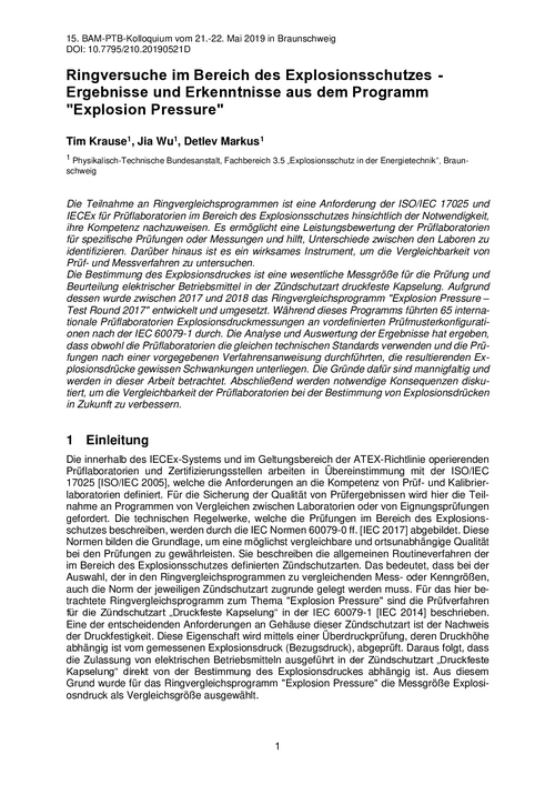 Ringversuche im Bereich des Explosionsschutzes - Ergebnisse und Erkenntnisse aus dem Programm "Explosion Pressure"