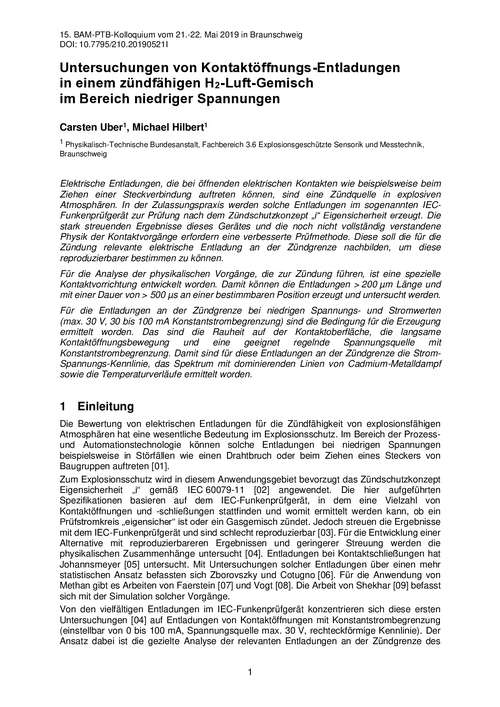 Untersuchungen von Kontaktöffnungs-Entladungen in einem  zündfähigen H2-Luft-Gemisch im Bereich niedriger Spannungen