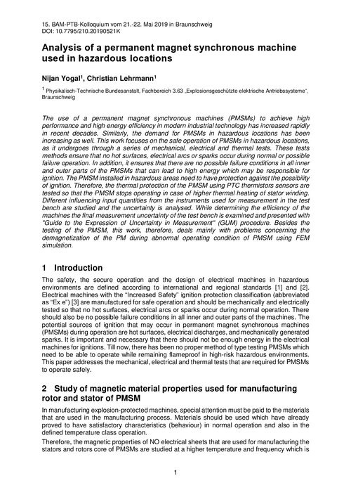 Analysis of a permanent magnet synchronous machine used in hazardous location