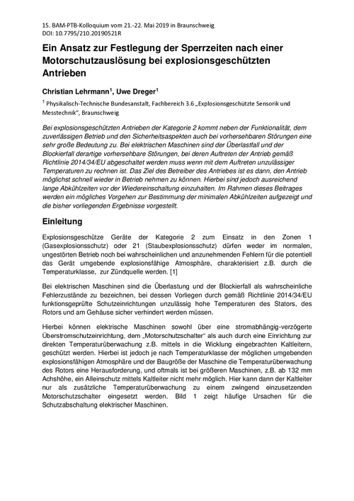 Ein Ansatz zur Festlegung der Sperrzeiten nach einer Motorschutzauslösung bei explosionsgeschützten Antrieben