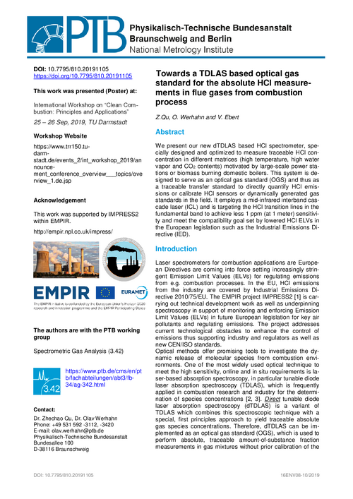 Towards a TDLAS based optical gas standard for the absolute HCl measurements in flue gases from combustion process