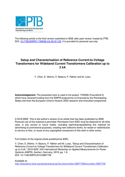Setup and Characterisation of Reference Current-to-Voltage Transformers for Wideband Current Transformers Calibration up to 2 kA