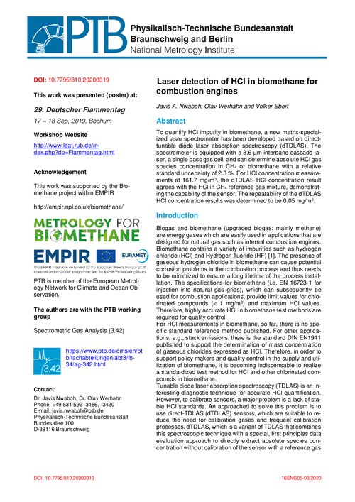 Laser detection of HCl in biomethane for combustion engines